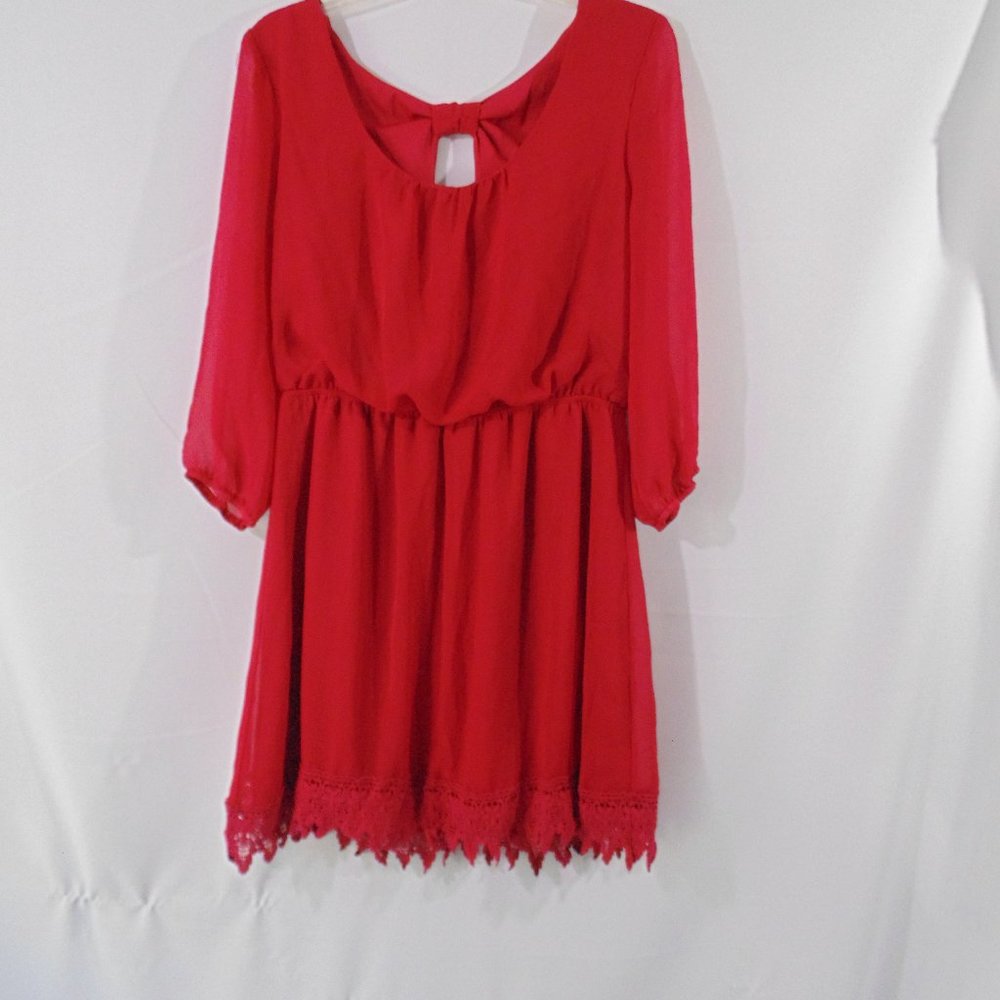 Trixxi Mini Dress Womens Large Round Neck Long Sleeve Red Key Hole Back